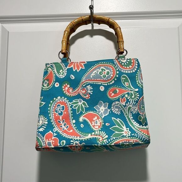 Sunny Hawaii Paisley Print Light Teal and Coral Handbag with Bamboo Handle VTG - Picture 3 of 9